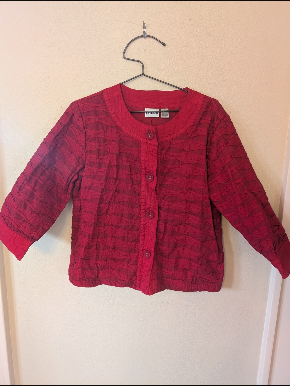Chico's Red Textured Button-Front Jacket Size 2 (US Large 12)
